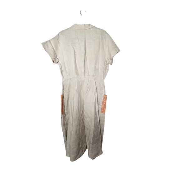 Vintage 50s L'Aiglon Linen Embroidered Shirt Dress Tan Orange Floral Button - Picture 2 of 5